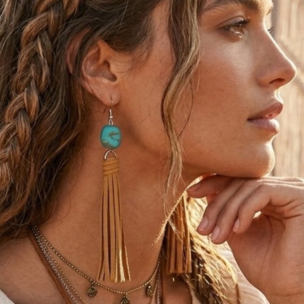 NEW 4 Inch Long Suede Tassel Turquoise Western Cowgirl Style Earrings